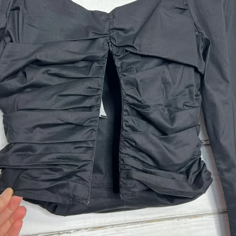 ASTR the Label Black Sweetheart Ruched Puff Long Sleeve Blouse Size Medium